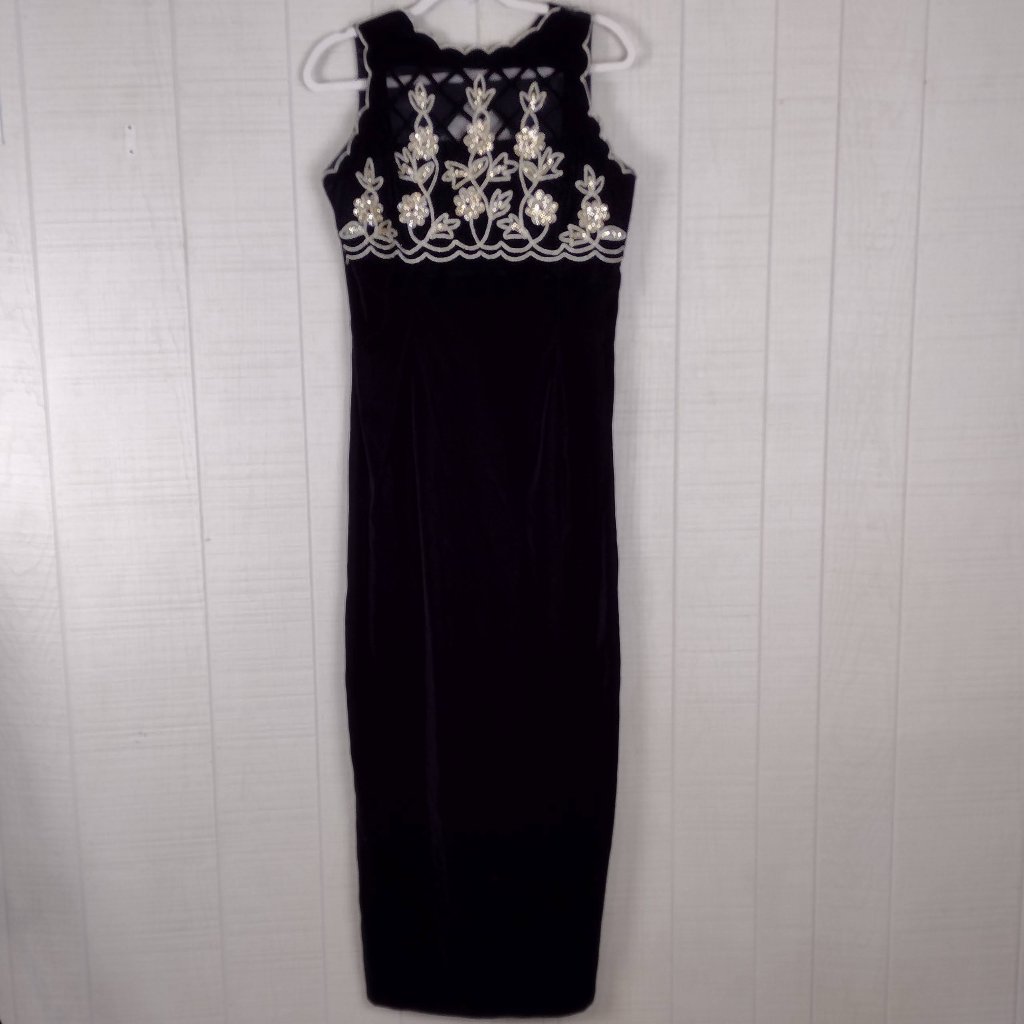 Vintage 90s Scott Mcclintock Velvet Sheath Evening Gown Cut Outs Black Gold